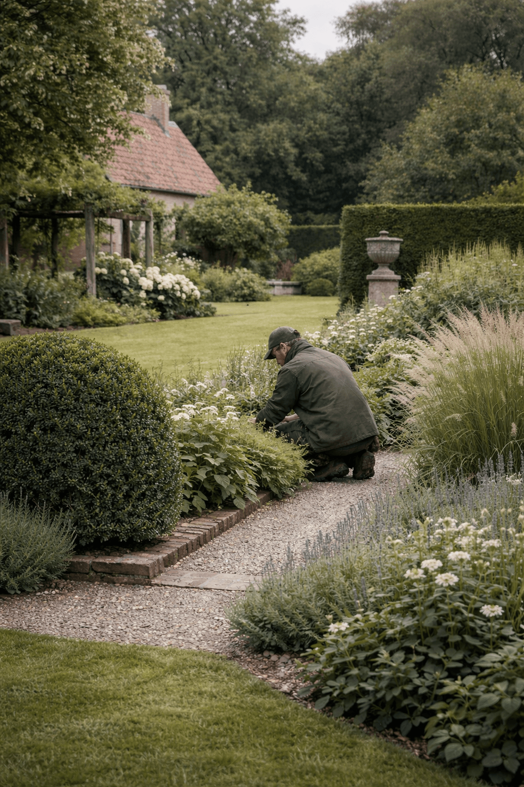 Tuinproject met mature beplanting, rustige materialiteit en verfijnde afwerking.
